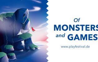 Ein Werbe-Bild für das Festival PLAY19. Ein Monster-Berg in blau gehalten.