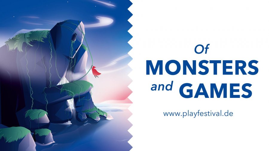 Ein Werbe-Bild für das Festival PLAY19. Ein Monster-Berg in blau gehalten.