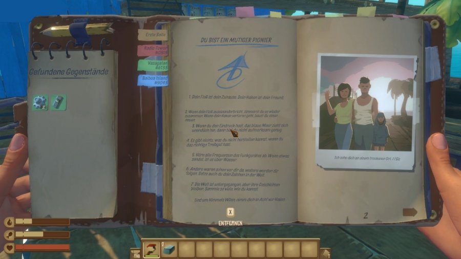 Wir sehen eine Art Tagebuch. Links sehen wir gefundene Gegenstände, in der Mitte steht ein Text mit der Überschrift "Du bist ein mutiger Pionier". Rechts ist ein Familienfoto eingeklebt.