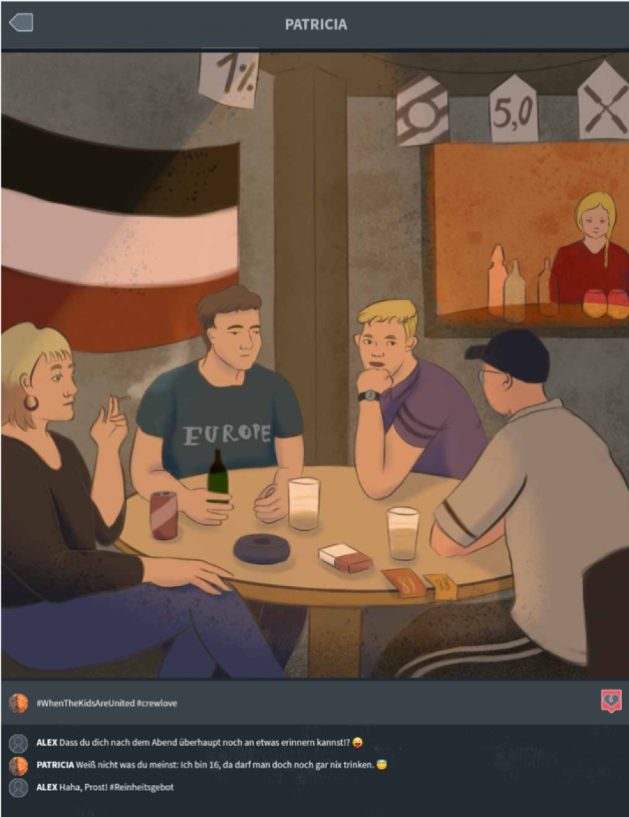 Fiktiver Social Media Post, Zeichnung von vier Jugendlichen um einen runden Tisch. Zigaretten- und Alkoholkonsum, Theke im Hintergrund, Sticker mit "88"-Aufschrift und schwarz-weiß-rote Flagge im Hintergrund.