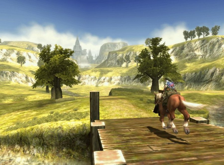 Hauptfigur reitet auf einem Pferd in eine bunt überzeichnete Landschaft.