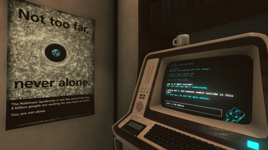 Auf dem Bild sieht man ein Terminal, mit dem Spielende Texte eingeben können, um sich mit dem Computer zu unterhalten. Links im Bild hängt ein Poster mit von einer Weltraumszene.