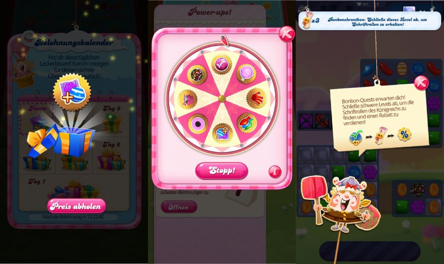 Drei Screenshots von Belohnungen beim Spiel