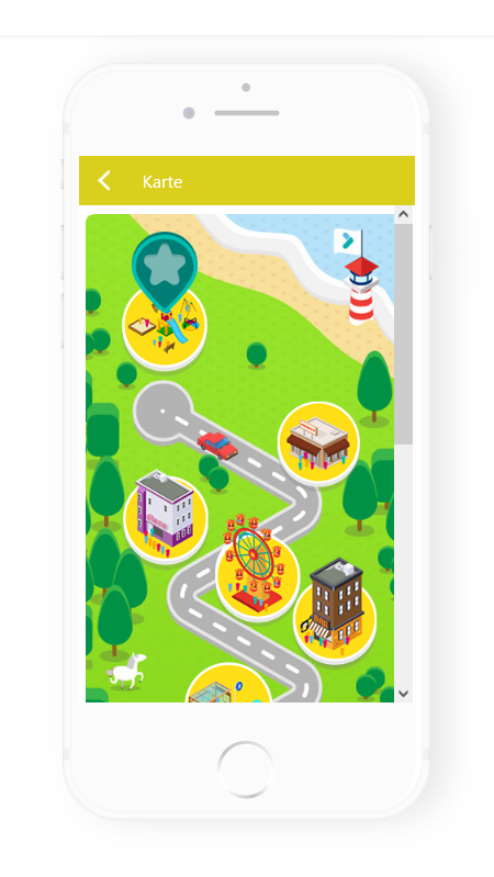 Ein bunt illustrierter Stadtplan auf einem Smartphone-Display. Die erste Station entlang der Straße ist ein Spielplatz, über dem ein grauer Stern steht.