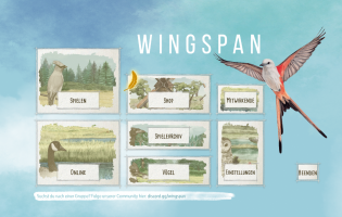 Das Startmenü des Spiels Flügelschlag oder Wingspan mit Möglichkeiten wie Spielen, Shop und Einstellungen.