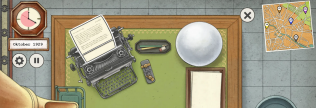 Screenshot des Spiels. Es ist ein Schreibtisch mit einer Schreibmaschine und anderen Utensilien zu sehen.