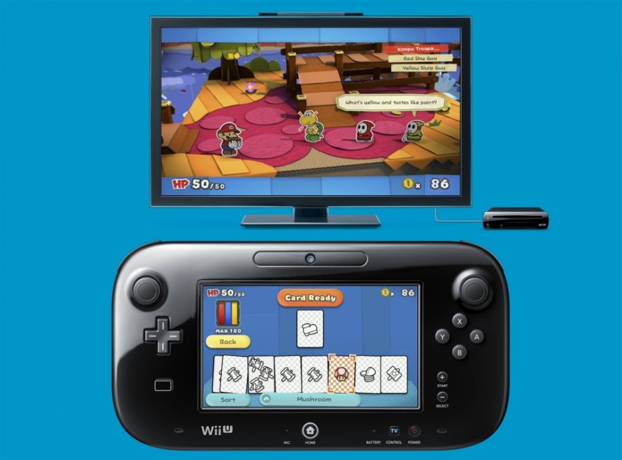 Im obenre Bildteil sieht man einen Fernseher auf dem eine typische Kampfsituation dargestellt ist. Darunter sieht man das WiiU-Gamepad mit den auswählbaren Kampf-Karten.