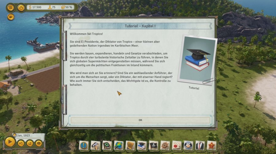 Ein Screenshot. Ein Spieldialog mit dem Titel "Tutorial - Kapitel 1"