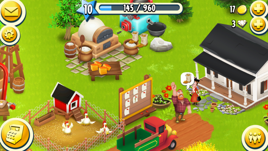 Der Bauernhof bei Hay Day. In der Mitte eine Pinnwand und ein Mann, der die Hand hebt und in einer Sprechblase etwas fordert.