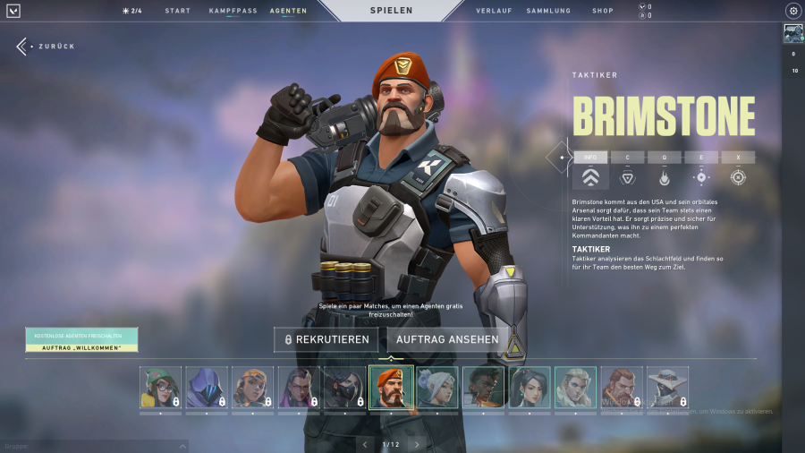 Der Charakter "Brimstone" ist ein Soldat mit Bart, Barett und Rüstung.