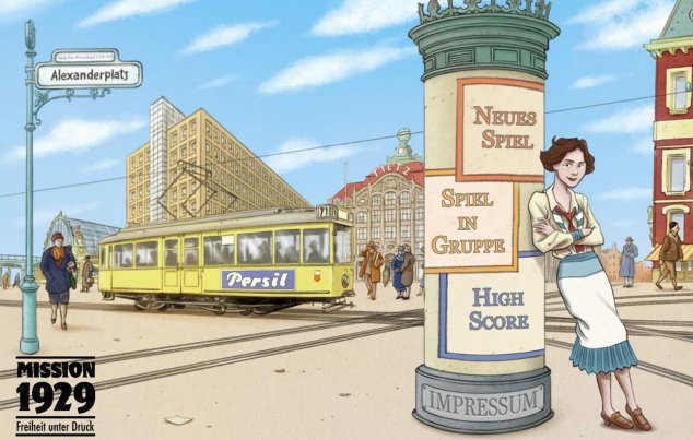 Screenshot des Startmenüs. Es ist eine gezeichnete Szene vom Berliner Alexanderplatz. Das sieht man an dem Straßenschild links. das Menü ist in der Mitte über eine Litfaßsäule dargestellt. Daran lehnt lässig die Protagonistin. Im Hintergrund sind Gebäude, Menschen und die Straßenbahn zu sehen.
