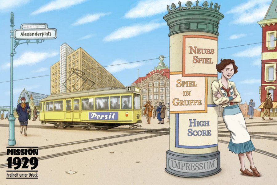 Screenshot des Startmenüs. Es ist eine gezeichnete Szene vom Berliner Alexanderplatz. Das sieht man an dem Straßenschild links. das Menü ist in der Mitte über eine Litfaßsäule dargestellt. Daran lehnt lässig die Protagonistin. Im Hintergrund sind Gebäude, Menschen und die Straßenbahn zu sehen.